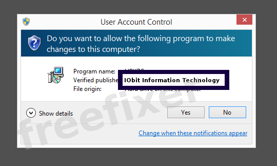 Screenshot where IObit Information Technology appears as the verified publisher in the UAC dialog